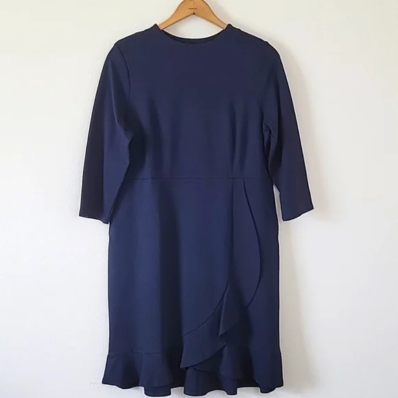 J Jill Navy Blue Ponte Ruffle Wrap Dress Size Medium Petite MP - Picture 2 of 10